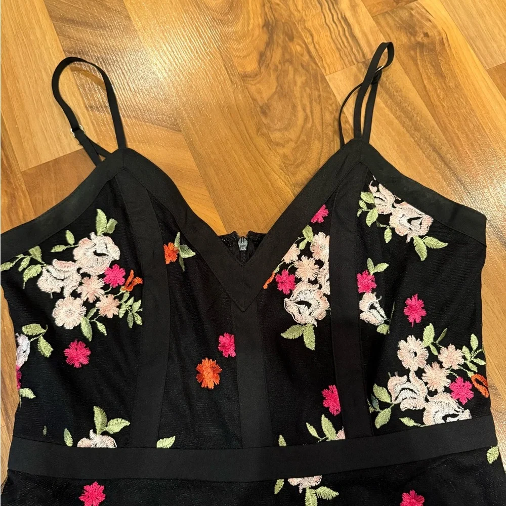 Lulus black mini embroidered sheer‎ overlay dress floral small EUC wedding